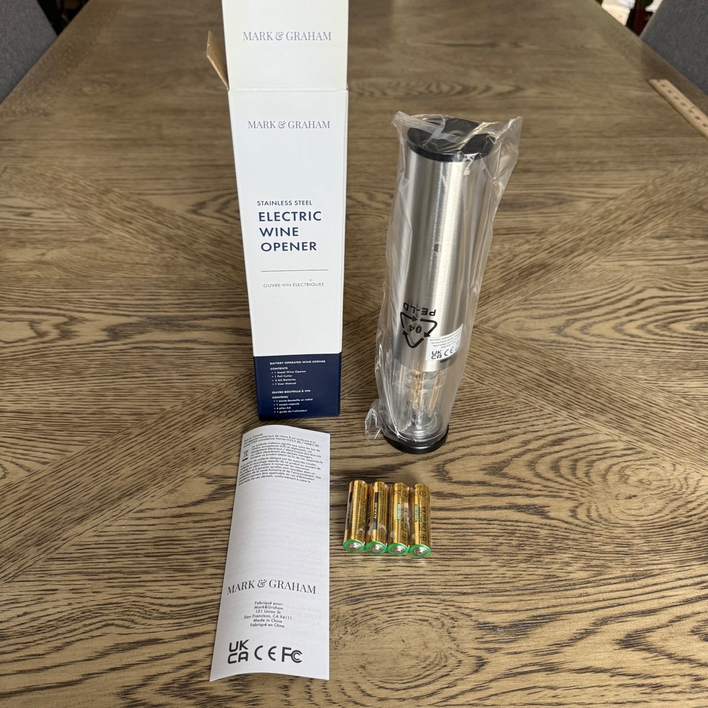 Mark & Graham Stainless Steel Electric Wine Opener Battery Operated Silver New